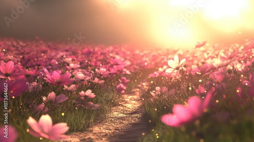 A path leads through a field of pink flowers, bathed in the warm glow of the setting sun.