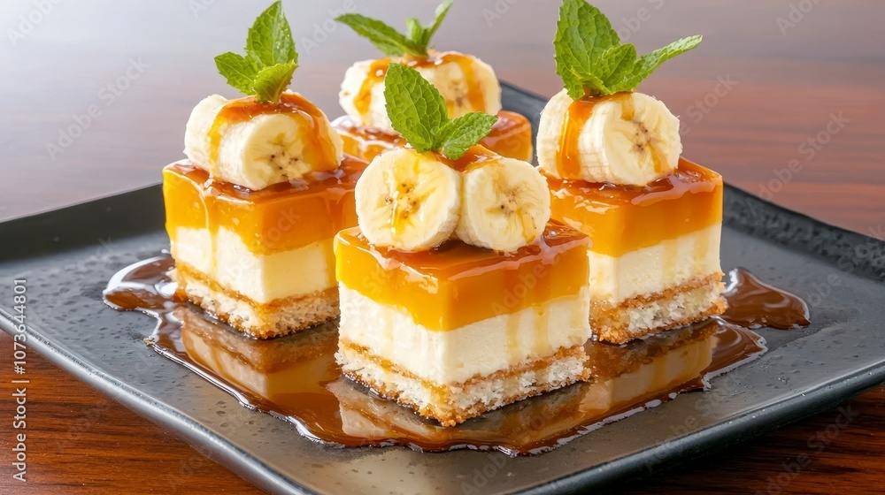 Delicious Layered Banana Dessert with Caramel Sauce and Fresh Mint Garnish on a Black Plate Ready for Indulgence and Perfect for Any Sweet Tooth Lover Delicious Layered Banana Dessert with Caramel Sauce and Fresh Mint Garnish on a Black Plate Ready for Indulgence and Perfect for Any Sweet Tooth Lover