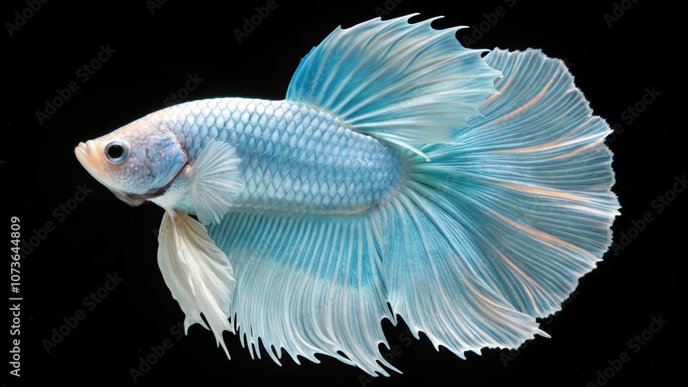 Fototapeta premium Soft Blue and White Betta Fish with Flowing Fins on Black Background