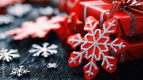 A festive arrangement featuring red gifts and delicate snowflake decorations, evoking holiday cheer and warmth.
