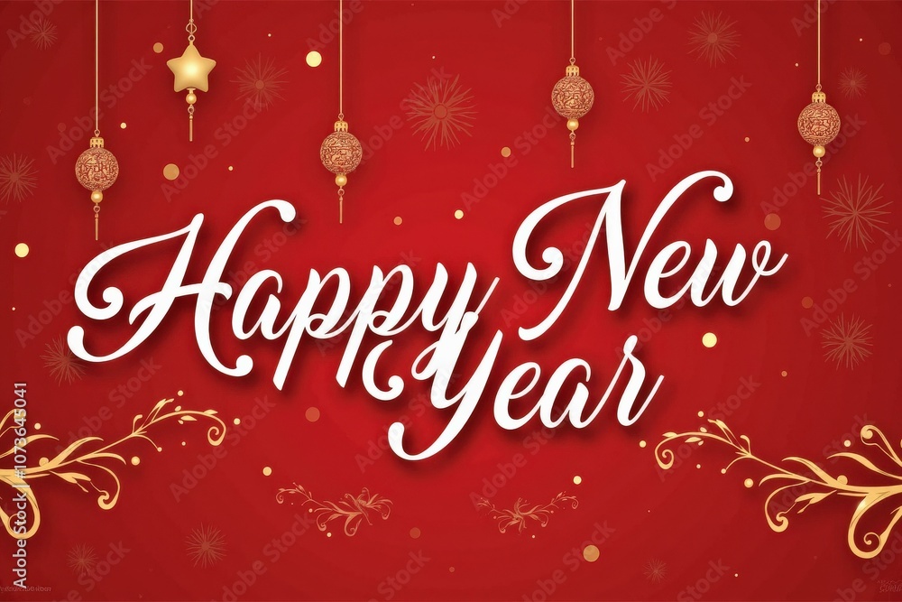 Celebrate the New Year with Elegance: Stunning Red Background with Golden Ornaments and 'Happy New Year' Greeting, Perfect for Holiday Cards and Decorations Celebrate the New Year with Elegance: Stunning Red Background with Golden Ornaments and 'Happy New Year' Greeting, Perfect for Holiday Cards and Decorations