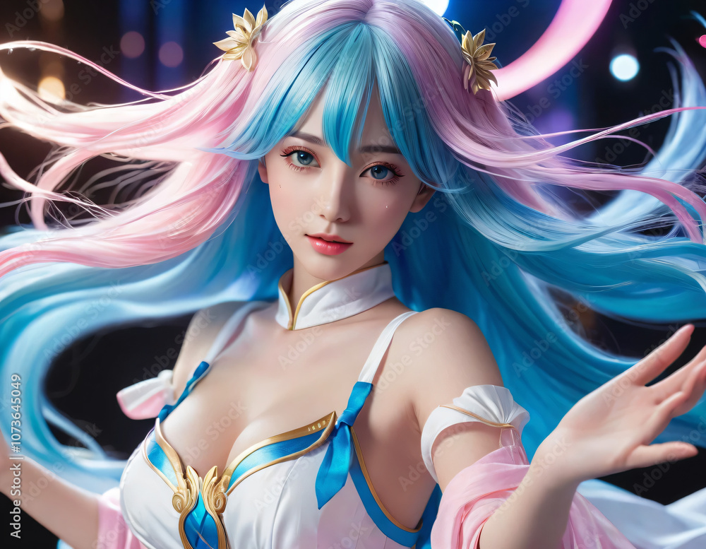 Obraz premium Young cosplayer. With long blue hair and a magical pink and white outfit, she exudes cuteness and charm. Her elegant pose and dynamic composition capture the essence of fantasy and adventure.