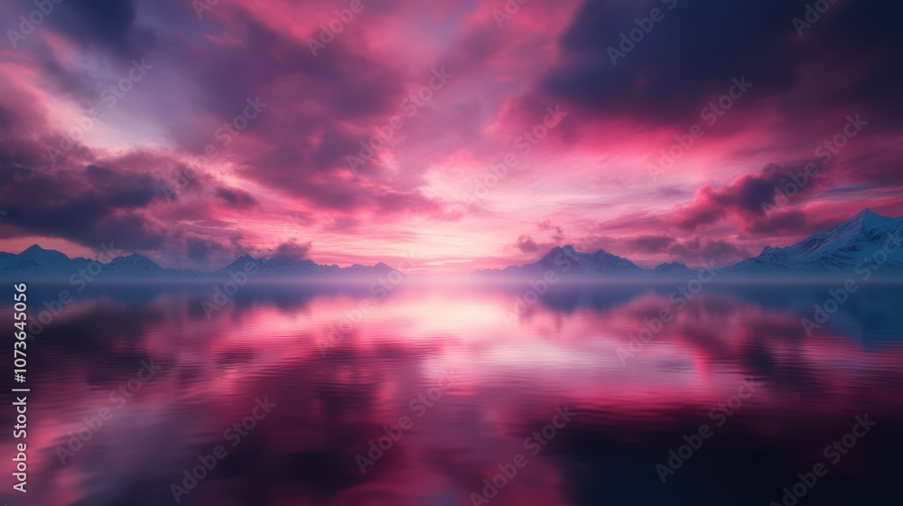 A breathtaking landscape featuring a serene lake reflecting vibrant pink and purple skies against rugged mountains, Ideal for websites, travel brochures A breathtaking landscape featuring a serene lake reflecting vibrant pink and purple skies against rugged mountains, Ideal for websites, travel brochures