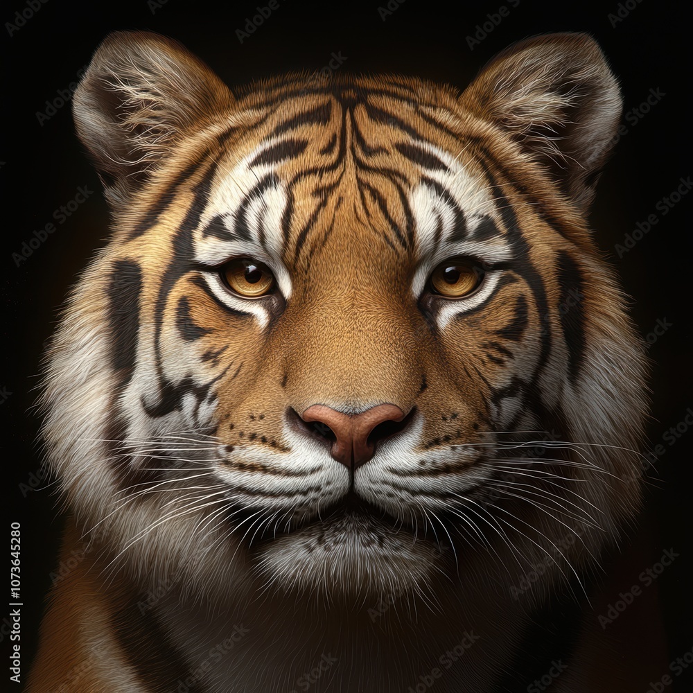 Naklejka premium A majestic close-up portrait of a tiger, showcasing its intense gaze and detailed fur, This image can be used for wildlife conservation campaigns, educational materials, or nature-themed decor,