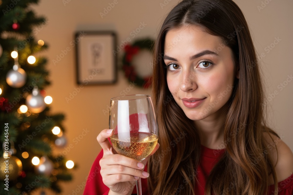 Young Woman Enjoying Wine During Festive Season, Perfect for Holiday Marketing or Celebration Themes Young Woman Enjoying Wine During Festive Season, Perfect for Holiday Marketing or Celebration Themes