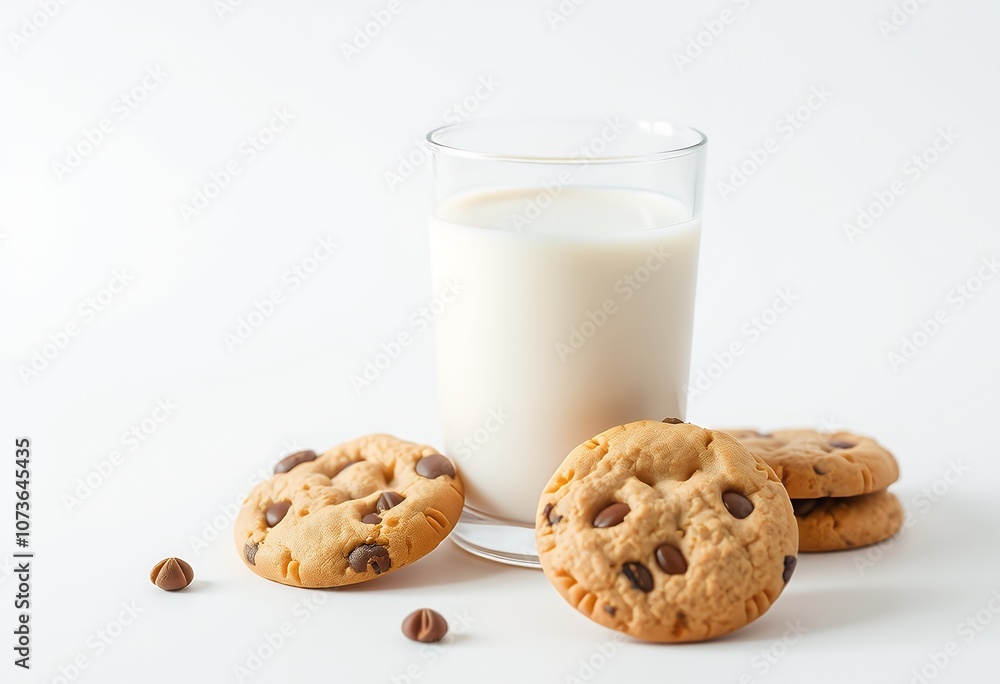Milk and Chocolate Chip Cookies on White Background Milk and Chocolate Chip Cookies on White Background
