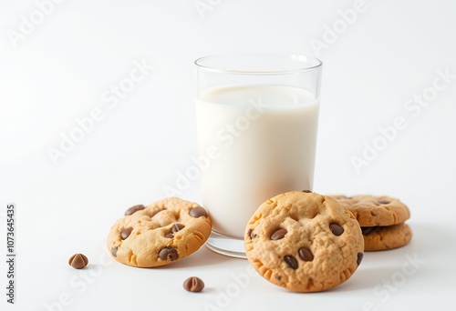 Milk and Chocolate Chip Cookies on White Background