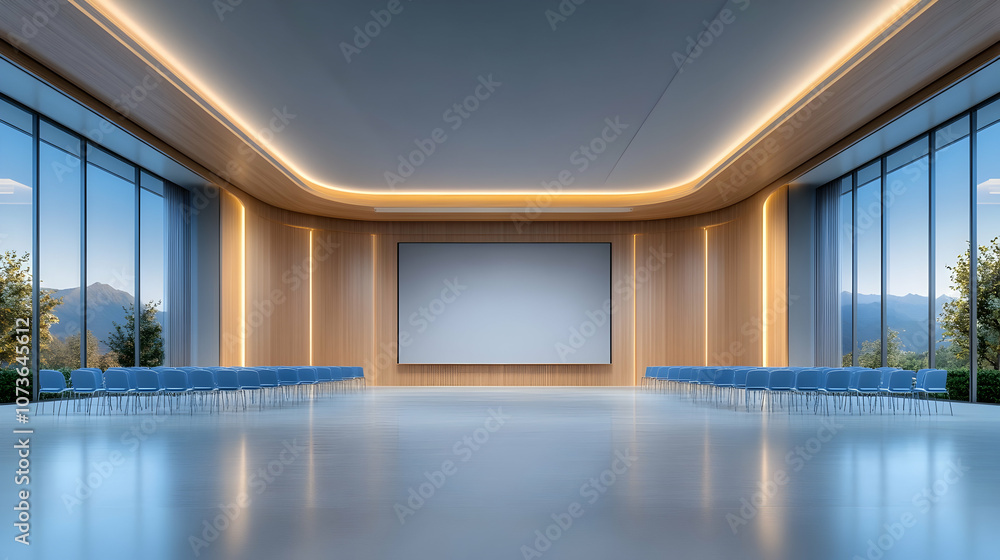 empty conference hall with blue chairs Rear view