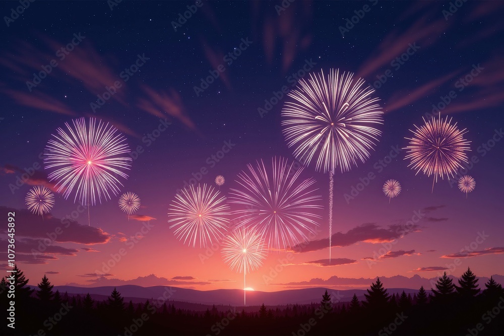 Vibrant Night Sky Fireworks Display at Sunset Celebration, Perfect for Greeting Cards and Wall Art Vibrant Night Sky Fireworks Display at Sunset Celebration, Perfect for Greeting Cards and Wall Art