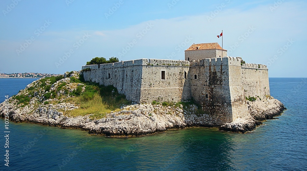 A stone fortress sits on a small island in the Adriatic Sea with a red flag flying on top. A stone fortress sits on a small island in the Adriatic Sea with a red flag flying on top.