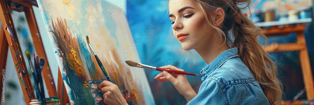 Obraz premium Female Artist: Concentrated on Canvas, Brushes in Hand