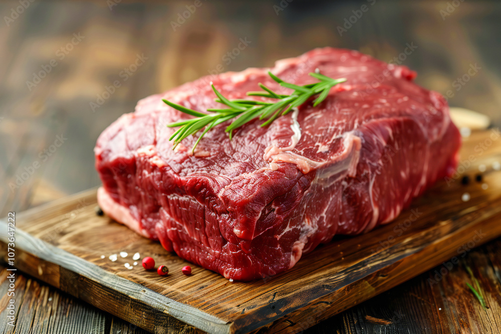 Raw red meat on a wooden board. Fresh meat from grass-fed and free-range animals Raw red meat on a wooden board. Fresh meat from grass-fed and free-range animals