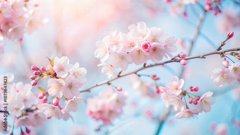 Close-up of cherry blossoms with delicate pink flowers against a blue sky background Close-up of cherry blossoms with delicate pink flowers against a blue sky background