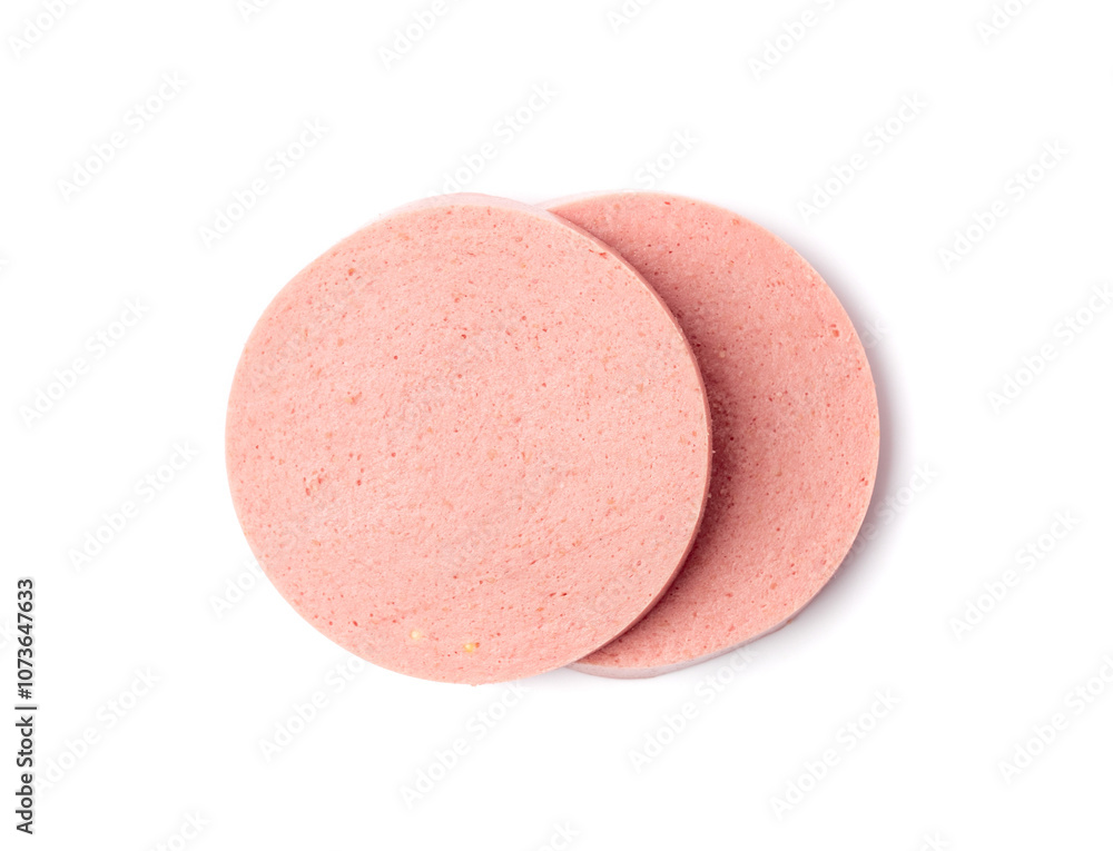 Mortadella Slice Isolated, Luncheon Meat Cut, Chicken Ham, Boiled Sausage for Breakfast Mortadella Slice Isolated, Luncheon Meat Cut, Chicken Ham, Boiled Sausage for Breakfast