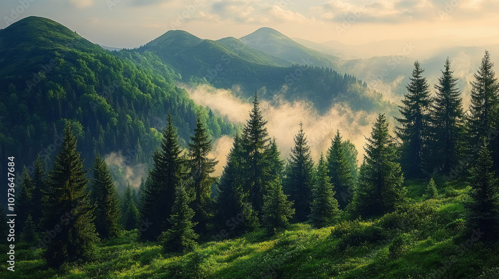 Forest pine trees mountain fog natural landscape Forest pine trees mountain fog natural landscape