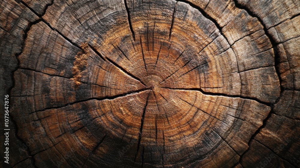 Naklejka premium Close-up of a tree trunk's cross-section, showcasing intricate growth rings and textures.