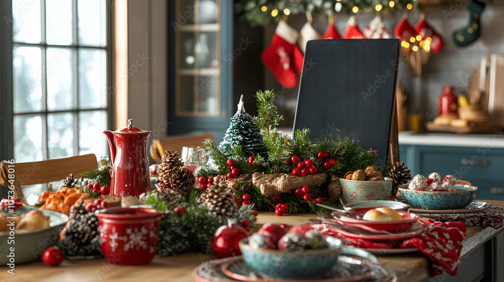 Naklejka premium Festive Cheerful Kitchen Setting with a Chalkboard Menu Surrounded by Christmas Decor, Holiday Treats, and a Cozy Atmosphere for Family Gatherings and Celebrations