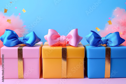 Three Colorful Christmas Gifts with Large Bows. A vibrant display of three neatly wrapped gift boxes in pink, yellow, and blue, adorned with large satin bows against a festive background.
