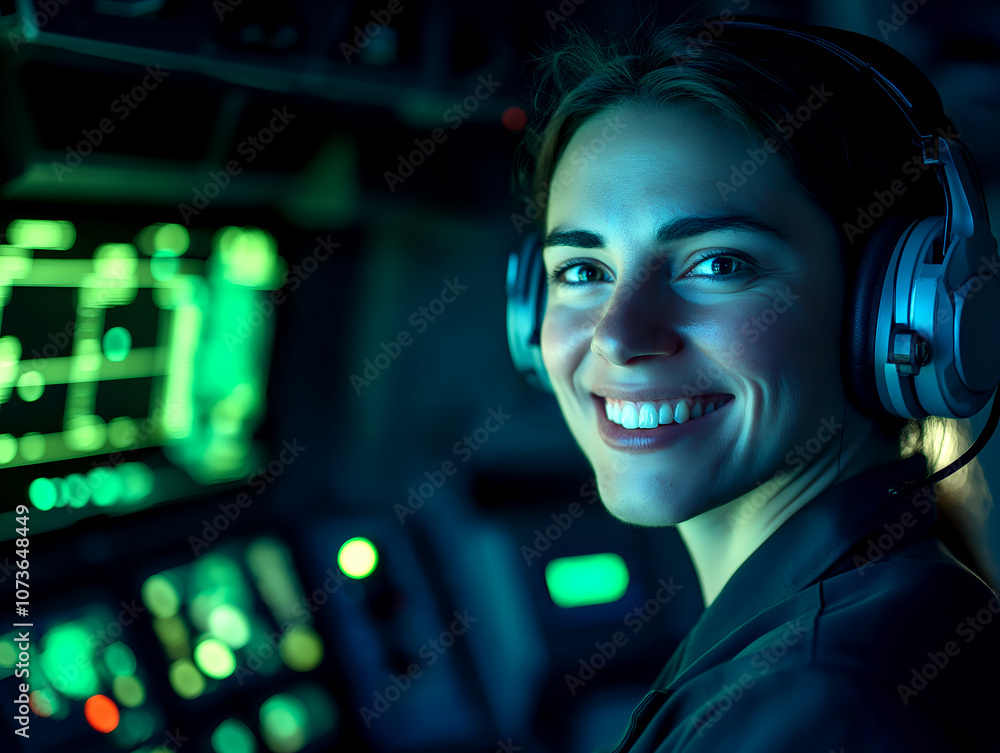 Confident female pilot at work, smiling in an illuminated cockpit Confident female pilot at work, smiling in an illuminated cockpit