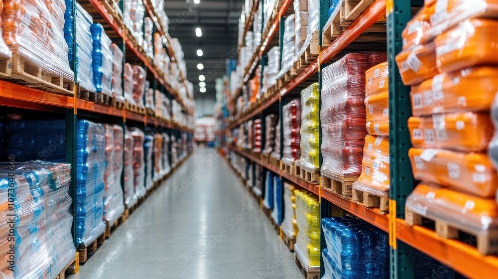 Fototapeta premium A well-organized warehouse aisle filled with colorful stacked goods on pallets, showcasing a variety of products in a modern storage facility.
