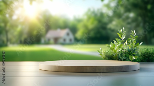 Empty podium against a green farm background for product presentation photo