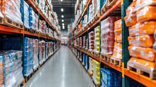 A well-organized warehouse aisle filled with colorful stacked goods on pallets, showcasing a variety of products in a modern storage facility.