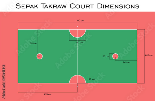 Dimensions Sepak Takraw court in meter top view line vector blueprint technical drawing illustration isolated on transparent background 