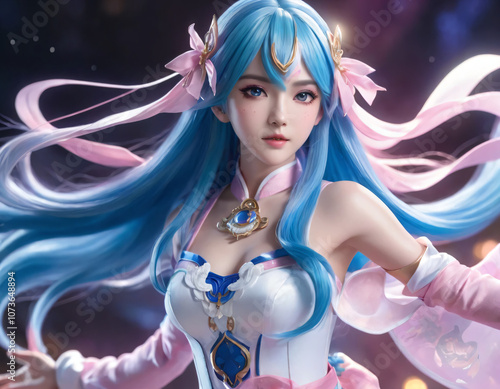 Young cosplayer. With long blue hair and a magical pink and white outfit, she exudes cuteness and charm. Her elegant pose and dynamic composition capture the essence of fantasy and adventure. photo