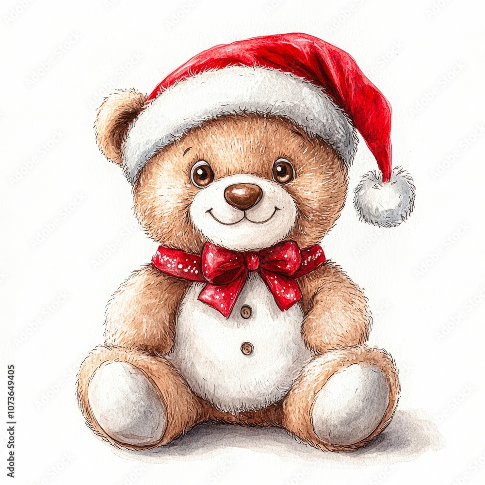 A cute teddy bear wearing a red Santa hat and bow tie, perfect for holiday-themed projects, greeting cards, or children's illustrations, This image adds a festive touch to any design, A cute teddy bear wearing a red Santa hat and bow tie, perfect for holiday-themed projects, greeting cards, or children's illustrations, This image adds a festive touch to any design,