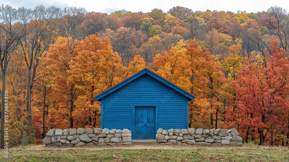 A blue minimal house in autumn A blue minimal house in autumn