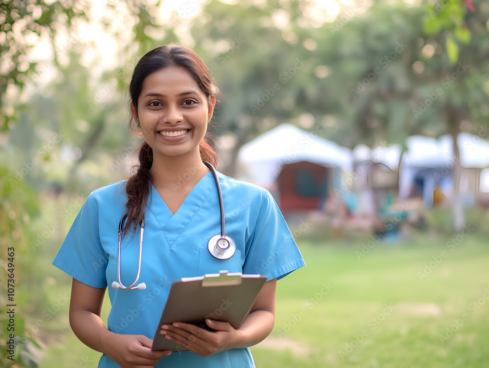 Nurse providing healthcare services in an outdoor rural medical camp setting Nurse providing healthcare services in an outdoor rural medical camp setting