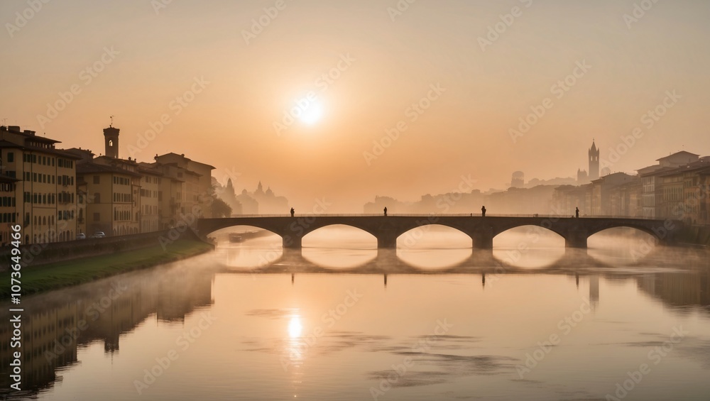 Fototapeta premium Serene Sunrise Over the Arno River in Florence, Showcasing the Misty Morning Light and the Architectural Beauty of the Italian Cityscape