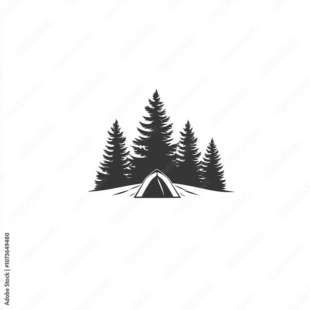 Obraz premium Silhouette of a tent in a forest with three pine trees.