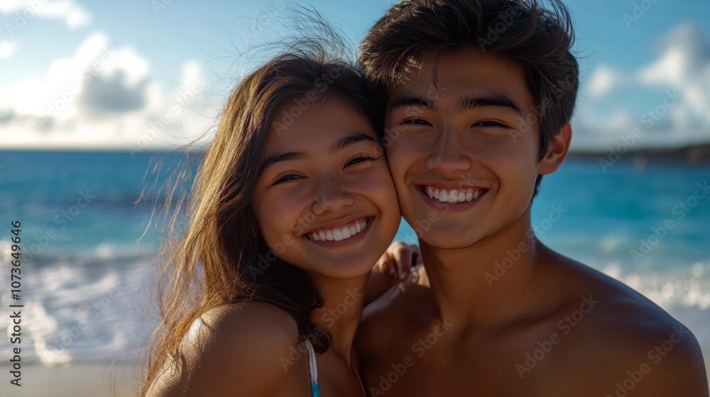 A young couple is smiling and posing for a picture on a beach A young couple is smiling and posing for a picture on a beach