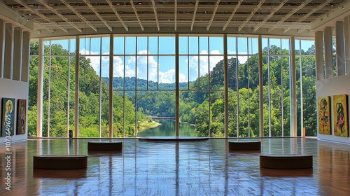 Bright exhibition hall with art displays, simple and modern