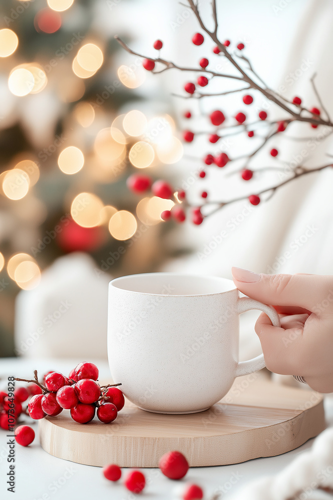 A white mug with red berries on top of a wooden table A white mug with red berries on top of a wooden table