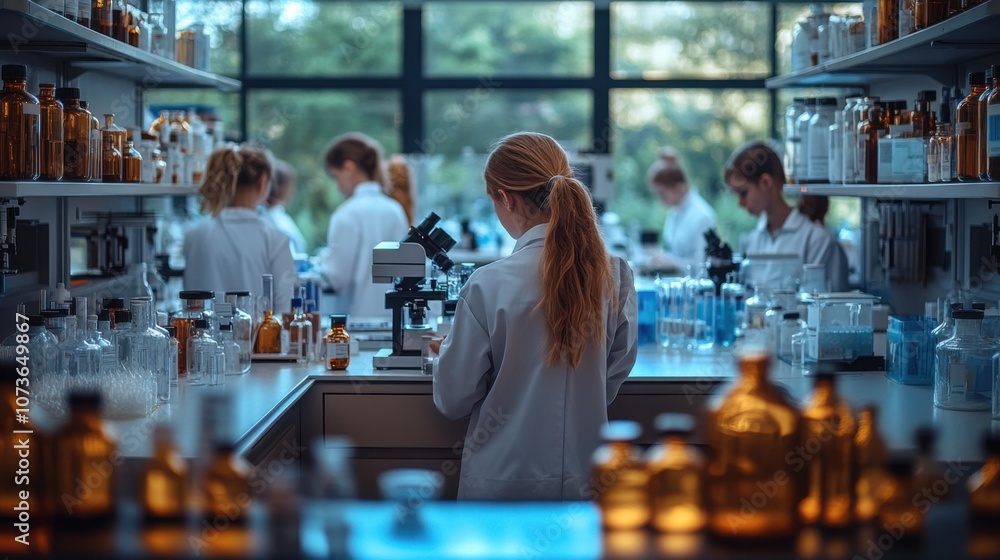 Scientists working in a laboratory with various glassware and equipment. Scientists working in a laboratory with various glassware and equipment.