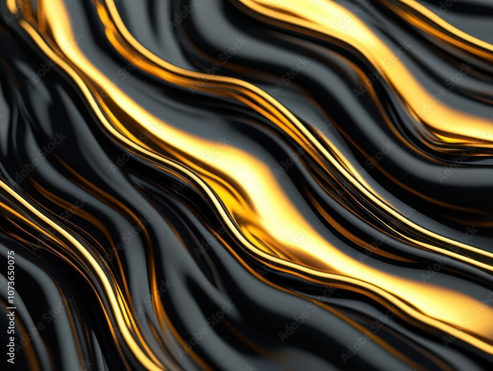 A close-up view of flowing black and gold waves, creating a luxurious and dynamic texture that conveys elegance and sophistication.