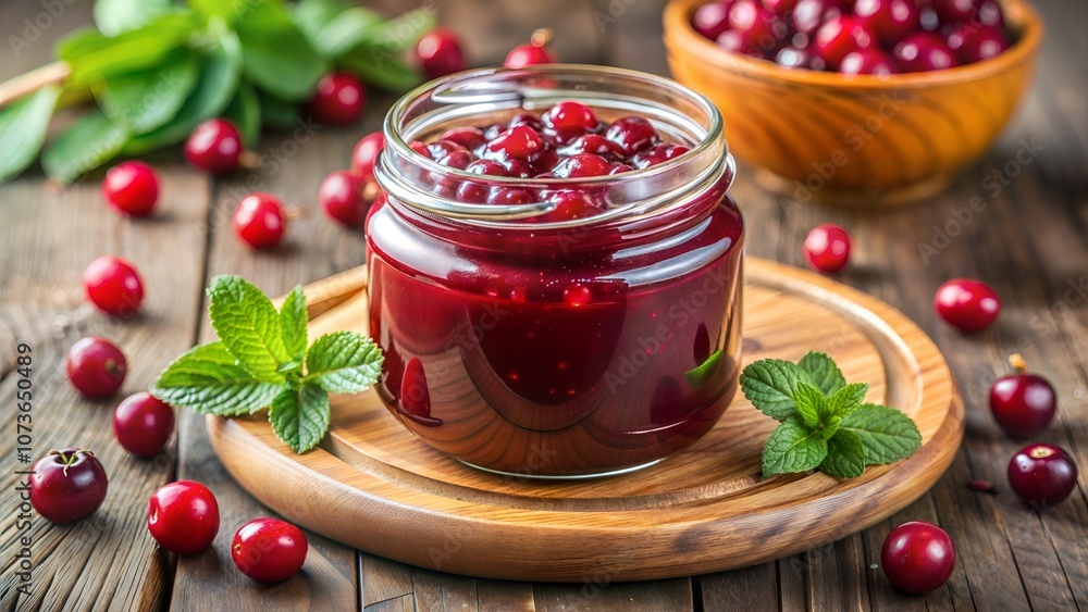 Savory red cranberry sauce in a jar with fresh mint and berries on a rustic wooden table copy space
Savory red cranberry sauce in a jar with fresh mint and berries on a rustic wooden table copy space
