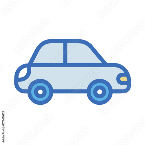 Blue compact car vector side profile, Flat vector illustration of a blue compact car shown in side view, with simple lines and a modern design. 