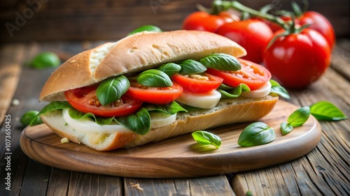 Delicious Caprese sandwich with mozzarella, fresh tomatoes, and basil on a wooden board