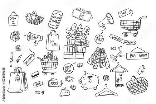 Big outline doodle set with hand drawn elements for Big Sale. Vector trolley, cart,, money, coins wallet, cosmetics, paper pack and related elements isolated on white background for coloring pages