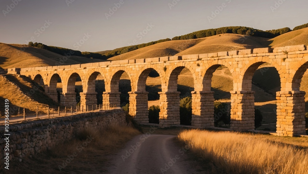 Fototapeta premium Stunning Roman Aqueduct of Segovia Surrounded by Rolling Hills at Sunset, Showcasing Majestic Architecture and Scenic Landscapes in Spain