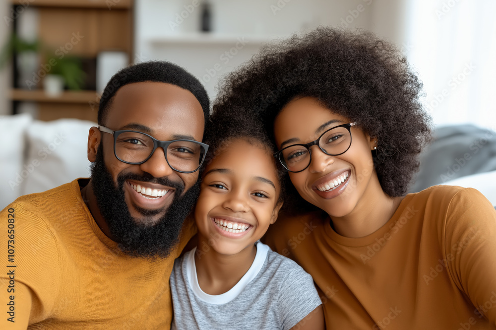 Happy family of three, parents and daughter, smiles together in a cozy home setting, radiating joy and love Happy family of three, parents and daughter, smiles together in a cozy home setting, radiating joy and love