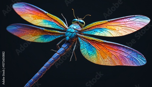 A dreamlike dragonfly-inspired creature with glassy eyes and wings that melt into colorful patterns, crafted from detailed clay, Generative AI photo