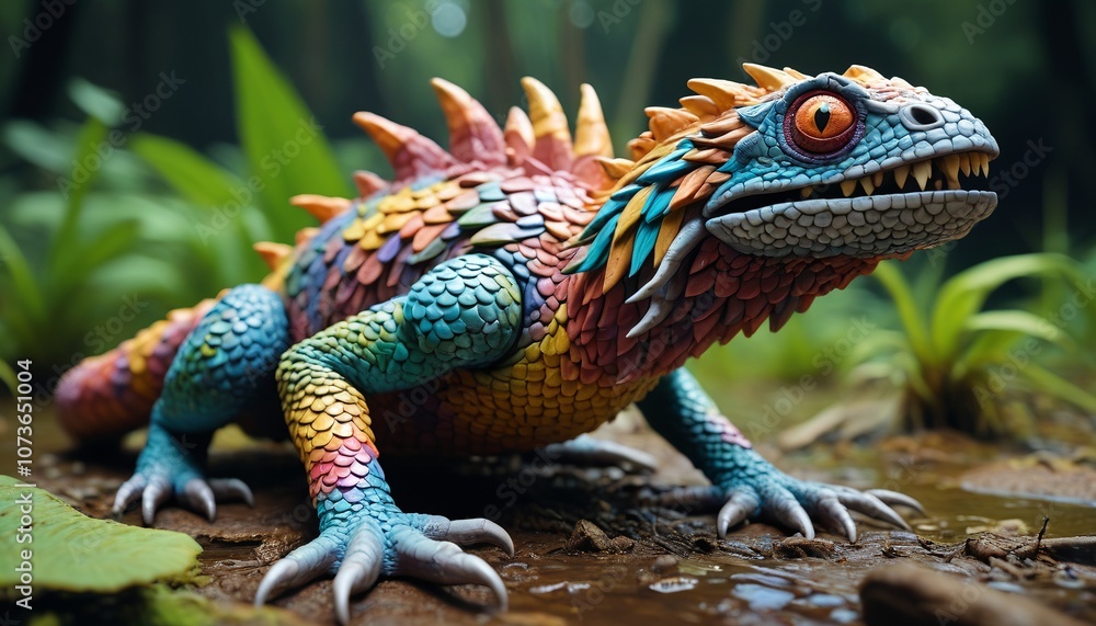 A colorful clay monster with a beak-like mouth and limbs covered in scales, resembling a creature from a forgotten, mystical swamp, Generative AI A colorful clay monster with a beak-like mouth and limbs covered in scales, resembling a creature from a forgotten, mystical swamp, Generative AI