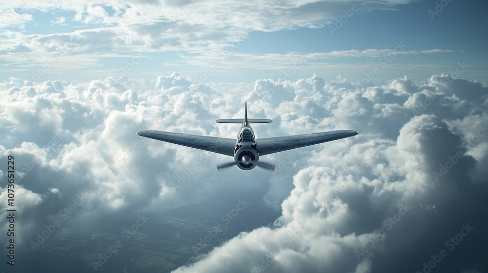 Obraz premium A small plane is flying through a cloudy sky