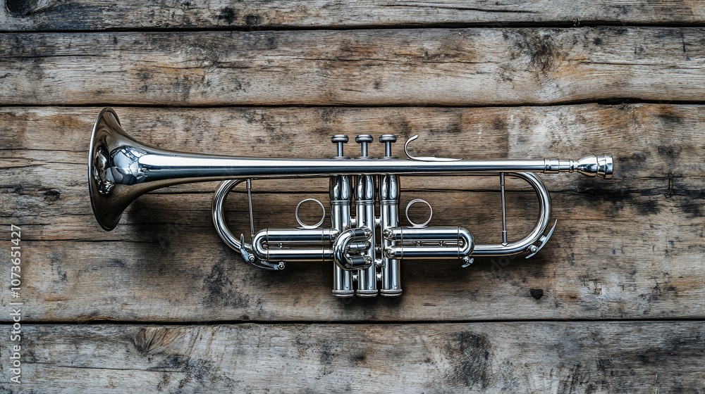 Fototapeta premium Shiny silver trumpet on rustic wooden background.