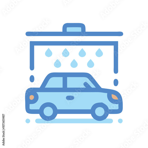 Car wash icon with water drops, Simple vector icon of a car under a water spray, representing a car wash service, isolated on a white background.
