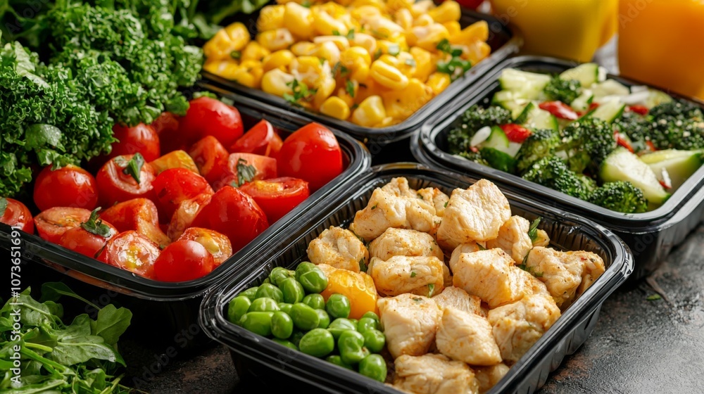 A colorful display of fresh vegetables and chicken prepared in meal prep containers, ideal for healthy eating and meal planning. A colorful display of fresh vegetables and chicken prepared in meal prep containers, ideal for healthy eating and meal planning.